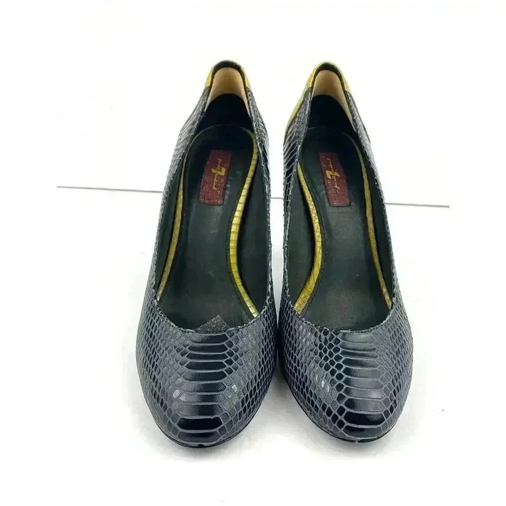 Wooden Heels‎ Pumps Blue Yellow Snake Style 10 7 For All Mankind Women's Leather - Picture 12 of 13